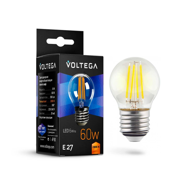 Лампа светодиодная филаментная Voltega E27 6W 2800К прозрачная VG10-G1E27warm6W-F 7023 Лампа светодиодная филаментная Voltega E27 6W 2800К прозрачная VG10-G1E27warm6W-F 7023