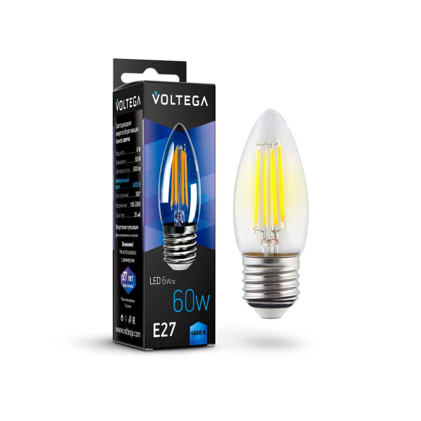 Лампа светодиодная филаментная Voltega E27 6W 4000К прозрачная VG10-C1E27cold6W-F 7029 Лампа светодиодная филаментная Voltega E27 6W 4000К прозрачная VG10-C1E27cold6W-F 7029