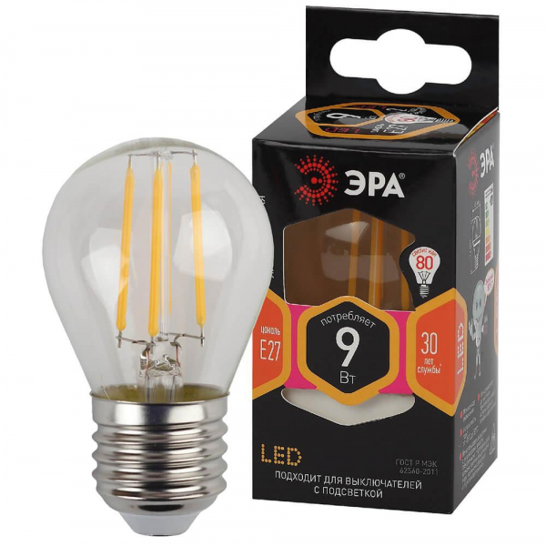 Лампа светодиодная филаментная ЭРА E27 9W 2700K прозрачная F-LED P45-9w-827-E27 Б0047023 Лампа светодиодная филаментная ЭРА E27 9W 2700K прозрачная F-LED P45-9w-827-E27 Б0047023