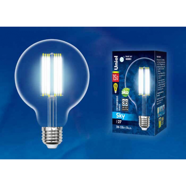 Лампа светодиодная филаментная Uniel E27 15W 4000K прозрачная LED-G95-15W/4000K/E27/CL PLS02WH UL-00004865 Лампа светодиодная филаментная Uniel E27 15W 4000K прозрачная LED-G95-15W/4000K/E27/CL PLS02WH UL-00004865