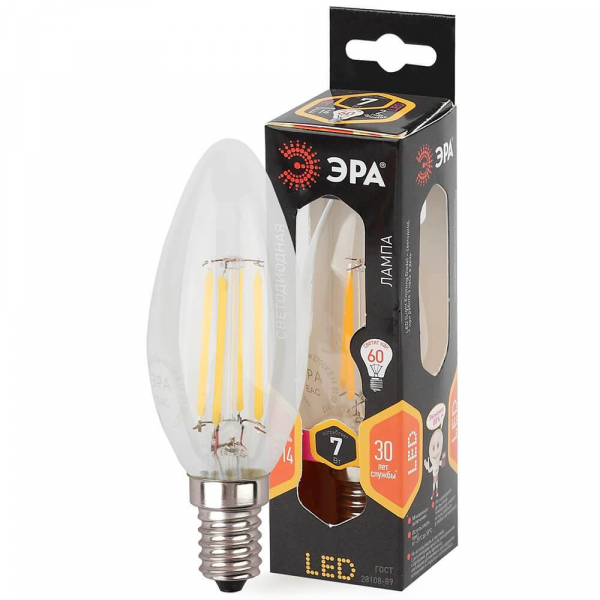 Лампа светодиодная филаментная ЭРА E14 7W 2700K прозрачная F-LED B35-7W-827-E14 Б0027942