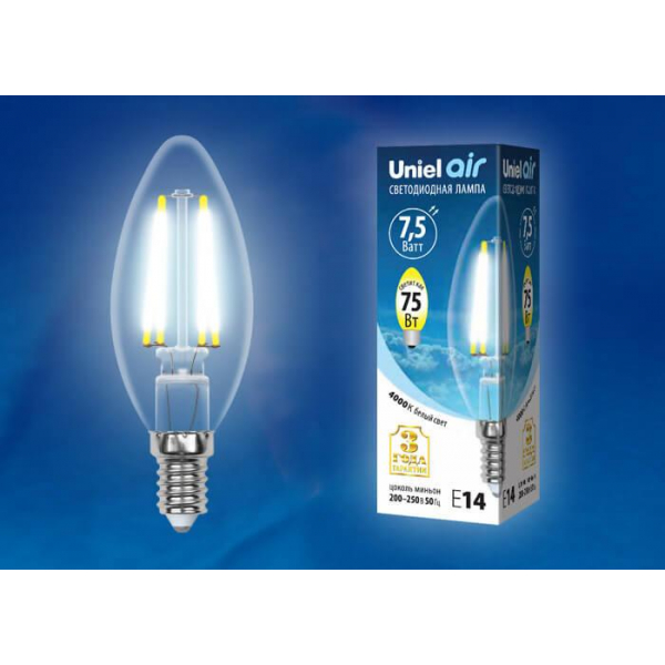 Лампа светодиодная филаментная Uniel E14 7,5W 4000K прозрачная LED-C35-7,5W/NW/E14/CL GLA01TR UL-00003247 Лампа светодиодная филаментная Uniel E14 7,5W 4000K прозрачная LED-C35-7,5W/NW/E14/CL GLA01TR UL-00003247