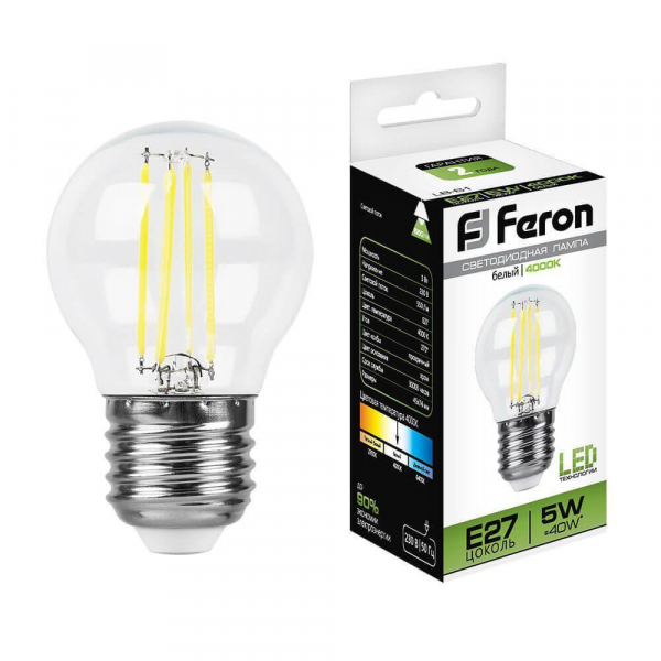 Лампа светодиодная филаментная Feron E27 5W 4000K Шар Прозрачная LB-61 25582 Лампа светодиодная филаментная Feron E27 5W 4000K Шар Прозрачная LB-61 25582