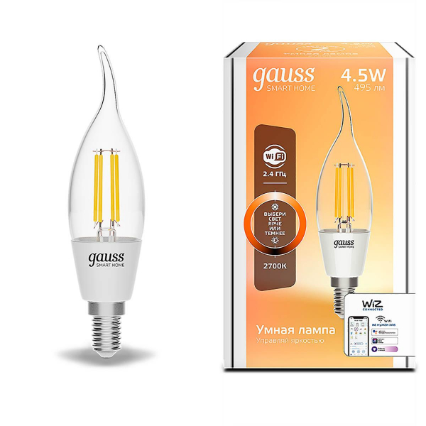 Лампа светодиодная диммируемая филаментная Gauss Smart Home Filament E14 4,5W 2700K прозрачная 1260112 Лампа светодиодная диммируемая филаментная Gauss Smart Home Filament E14 4,5W 2700K прозрачная 1260112
