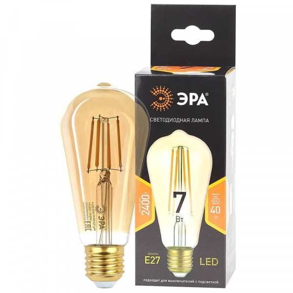 Лампа светодиодная филаментная ЭРА E27 7W 2400K прозрачная F-LED ST64-7W-824-E27 gold Б0047664 Лампа светодиодная филаментная ЭРА E27 7W 2400K прозрачная F-LED ST64-7W-824-E27 gold Б0047664