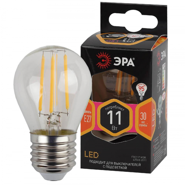 Лампа светодиодная филаментная ЭРА E27 11W 2700K прозрачная F-LED P45-11w-827-E27 Б0047013 Лампа светодиодная филаментная ЭРА E27 11W 2700K прозрачная F-LED P45-11w-827-E27 Б0047013