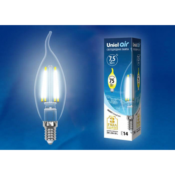 Лампа светодиодная филаментная Uniel E14 7,5W 4000K прозрачная LED-CW35-7,5W/NW/E14/CL GLA01TR UL-00003296 Лампа светодиодная филаментная Uniel E14 7,5W 4000K прозрачная LED-CW35-7,5W/NW/E14/CL GLA01TR UL-00003296