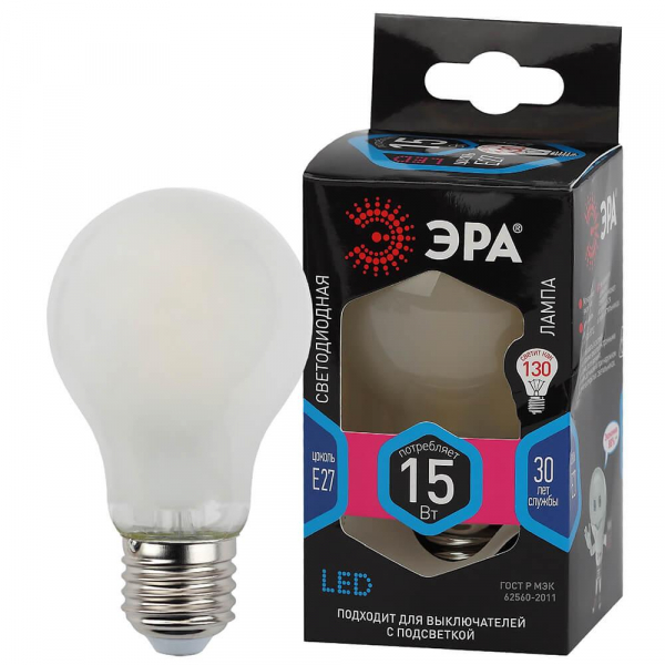 Лампа светодиодная филаментная ЭРА E27 15W 4000K матовая F-LED A60-15W-840-E27 frost Б0046984 Лампа светодиодная филаментная ЭРА E27 15W 4000K матовая F-LED A60-15W-840-E27 frost Б0046984