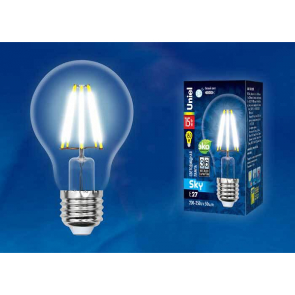 Лампа светодиодная филаментная Uniel E27 15W 4000K прозрачная LED-A70-15W/4000K/E27/CL PLS02WH UL-00004869 Лампа светодиодная филаментная Uniel E27 15W 4000K прозрачная LED-A70-15W/4000K/E27/CL PLS02WH UL-00004869