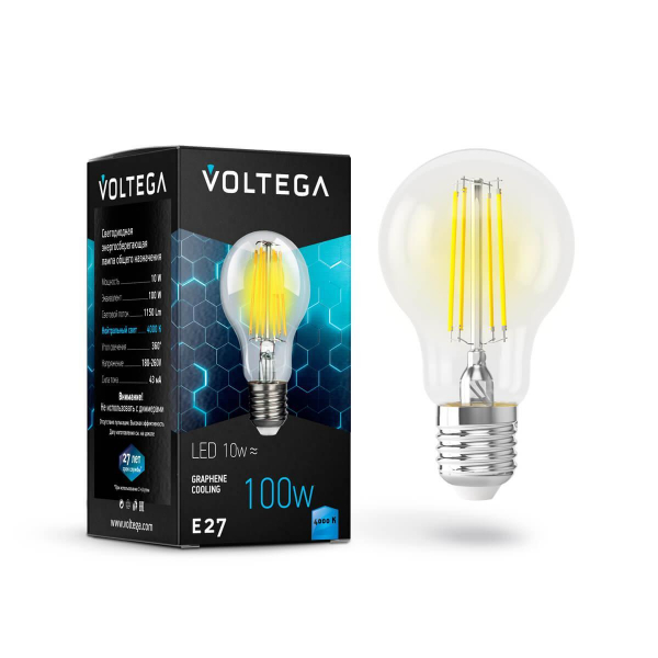 Лампа светодиодная филаментная Voltega E27 10W 4000К прозрачная VG10-А1E27cold10W-F 7101 Лампа светодиодная филаментная Voltega E27 10W 4000К прозрачная VG10-А1E27cold10W-F 7101