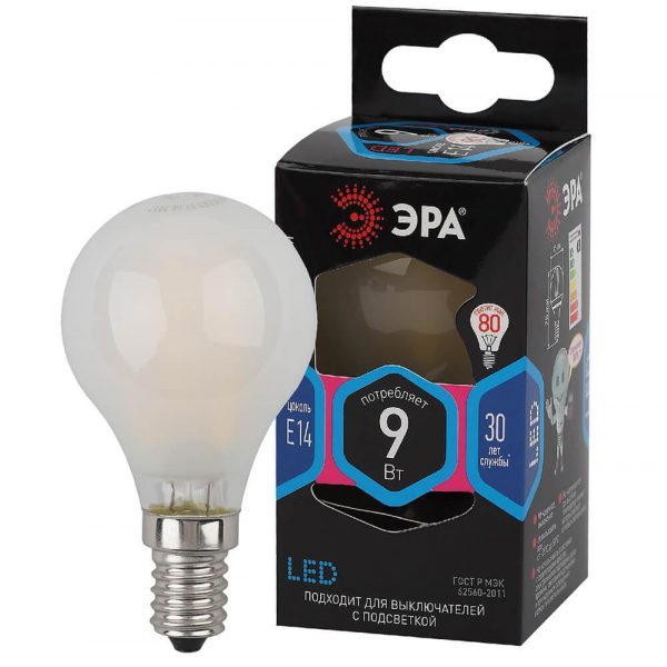 Лампа светодиодная филаментная ЭРА E14 9W 4000K матовая F-LED P45-9w-840-E14 frost Б0047027 Лампа светодиодная филаментная ЭРА E14 9W 4000K матовая F-LED P45-9w-840-E14 frost Б0047027