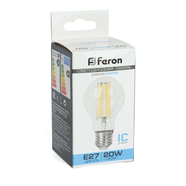 Лампа светодиодная филаментная Feron E27 20W 6400K прозрачная LB-620 48285 Лампа светодиодная филаментная Feron E27 20W 6400K прозрачная LB-620 48285