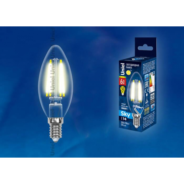 Лампа светодиодная филаментная Uniel E14 6W 3000K прозрачная LED-C35-6W/WW/E14/CL PLS02WH UL-00000199