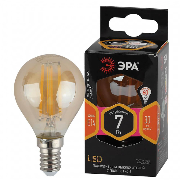 Лампа светодиодная филаментная ЭРА E14 7W 2700K золотая F-LED P45-7W-827-E14 gold Б0047016 Лампа светодиодная филаментная ЭРА E14 7W 2700K золотая F-LED P45-7W-827-E14 gold Б0047016