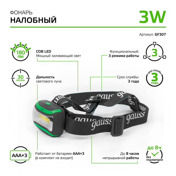 Налобный светодиодный фонарь Gauss от батареек 50х70 180 лм GF307 Налобный светодиодный фонарь Gauss от батареек 50х70 180 лм GF307