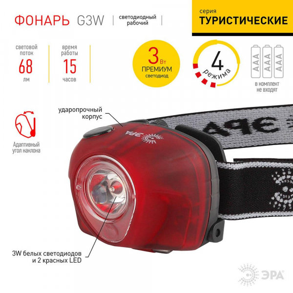 Налобный светодиодный фонарь ЭРА от батареек G3W Б0002249 Налобный светодиодный фонарь ЭРА от батареек G3W Б0002249
