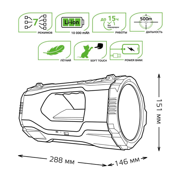 Прожекторный светодиодный фонарь Gauss аккумуляторный 288х151 1000 лм GF703