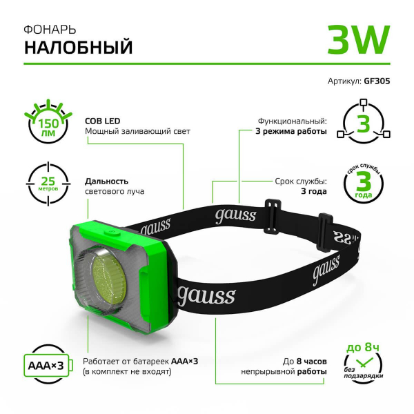 Налобный светодиодный фонарь Gauss от батареек 65х45 150 лм GF305 Налобный светодиодный фонарь Gauss от батареек 65х45 150 лм GF305