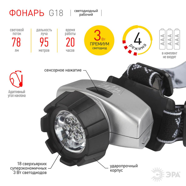 Налобный светодиодный фонарь ЭРА от батареек 78 лм G18 Б0019263 Налобный светодиодный фонарь ЭРА от батареек 78 лм G18 Б0019263