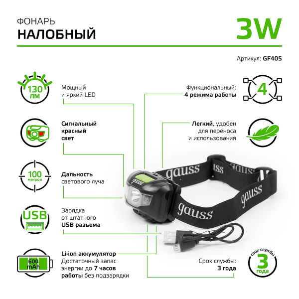 Налобный светодиодный фонарь Gauss аккумуляторный 40х60 130 лм GF405 Налобный светодиодный фонарь Gauss аккумуляторный 40х60 130 лм GF405
