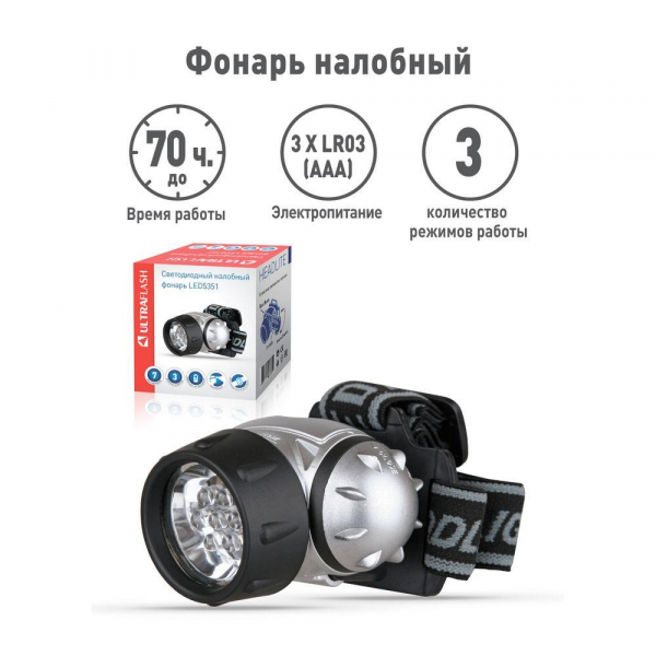 Налобный светодиодный фонарь Ultraflash Headlite от батареек 70х60 15 лм LED5351 10260 Налобный светодиодный фонарь Ultraflash Headlite от батареек 70х60 15 лм LED5351 10260