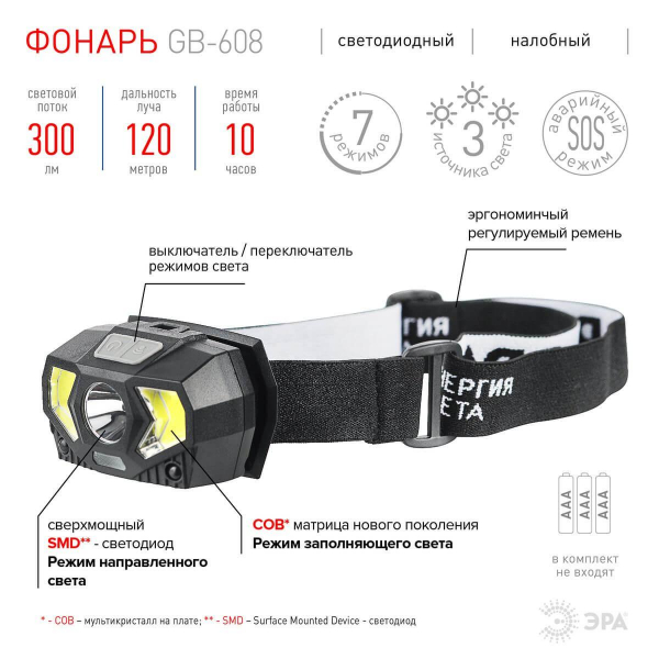 Налобный светодиодный фонарь ЭРА от батареек 300 лм GB-608 Б0052319 Налобный светодиодный фонарь ЭРА от батареек 300 лм GB-608 Б0052319