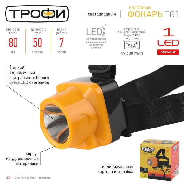 Налобный светодиодный фонарь ЭРА Трофи аккумуляторный 53х53х58 80 лм TG1 Б0053033 Налобный светодиодный фонарь ЭРА Трофи аккумуляторный 53х53х58 80 лм TG1 Б0053033