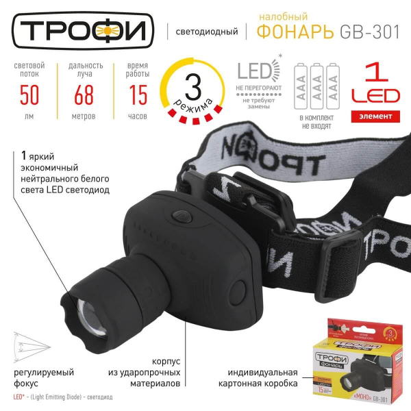 Налобный светодиодный фонарь ЭРА Трофи Моно от батареек 50 лм GB-301 Б0030187 Налобный светодиодный фонарь ЭРА Трофи Моно от батареек 50 лм GB-301 Б0030187