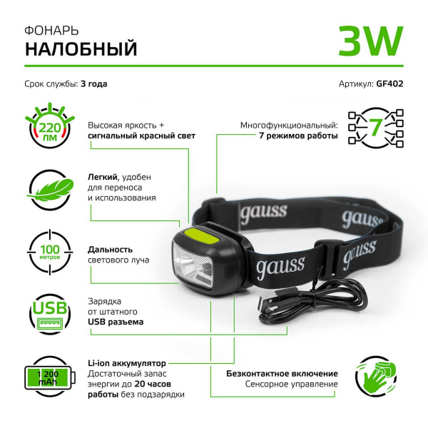 Налобный светодиодный фонарь Gauss аккумуляторный 40х60 220 лм GF402 Налобный светодиодный фонарь Gauss аккумуляторный 40х60 220 лм GF402