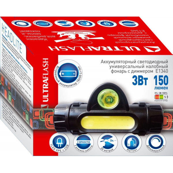 Налобный светодиодный фонарь Ultraflash Headlite аккумуляторный 82х47 150 лм E1340 14268