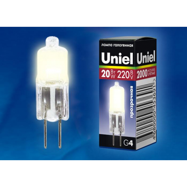 Лампа галогенная Uniel G4 20W прозрачная JC-220/20/G4 CL 01822 Лампа галогенная Uniel G4 20W прозрачная JC-220/20/G4 CL 01822
