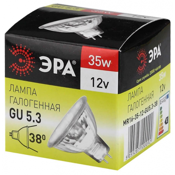 Лампа галогенная ЭРА GU5.3 35W 3000K прозрачная GU5.3-MR16-35W-12V-CL C0027355