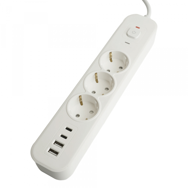 Сетевой фильтр 3-местный с/з STEKKER 3x1мм2, 3 м, 250В, 16А, 2 USB-A+2 Type-C 3, серия Nova, белый