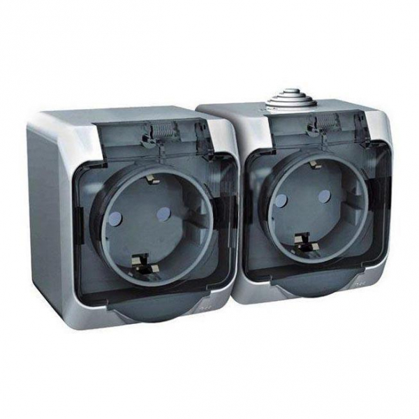 Розетка двойная 2К+З Systeme Electric Этюд 16A 250V со шторками серая PA16-244C Розетка двойная 2К+З Systeme Electric Этюд 16A 250V со шторками серая PA16-244C