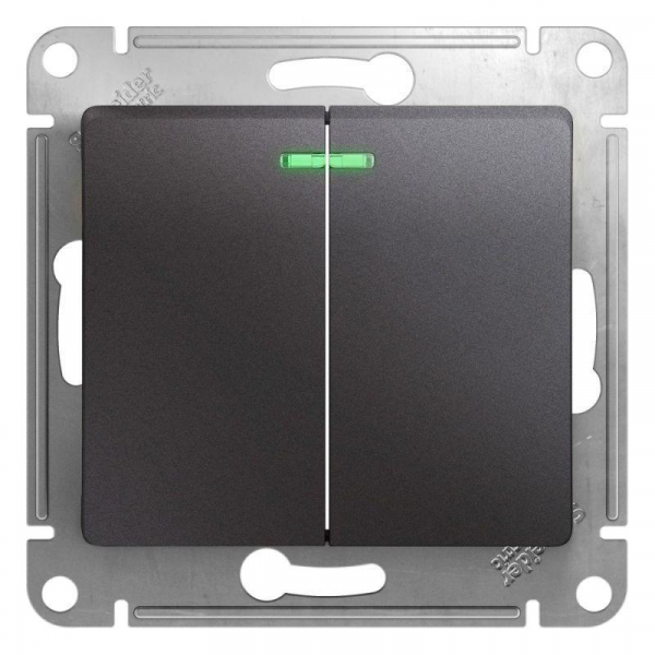 Выключатель двухклавишный Systeme Electric Glossa 10A 250V с подсветкой графит GSL001353 Выключатель двухклавишный Systeme Electric Glossa 10A 250V с подсветкой графит GSL001353