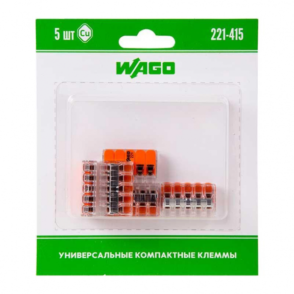 221-415 Универсальная компактная клемма 5-контактная до 4,0 мм² (5 шт/уп) WAGO 07-5165-05 221-415 Универсальная компактная клемма 5-контактная до 4,0 мм² (5 шт/уп) WAGO 07-5165-05