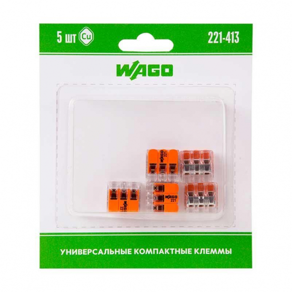 221-413 Универсальная компактная клемма 3-контактная до 4,0 мм² (5 шт/уп) WAGO 07-5163-05 221-413 Универсальная компактная клемма 3-контактная до 4,0 мм² (5 шт/уп) WAGO 07-5163-05