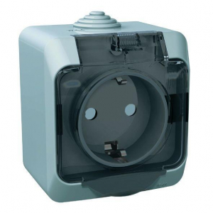 Розетка 2К+З Systeme Electric Этюд 16A 250V со шторками и крышкой серая PA16-044C