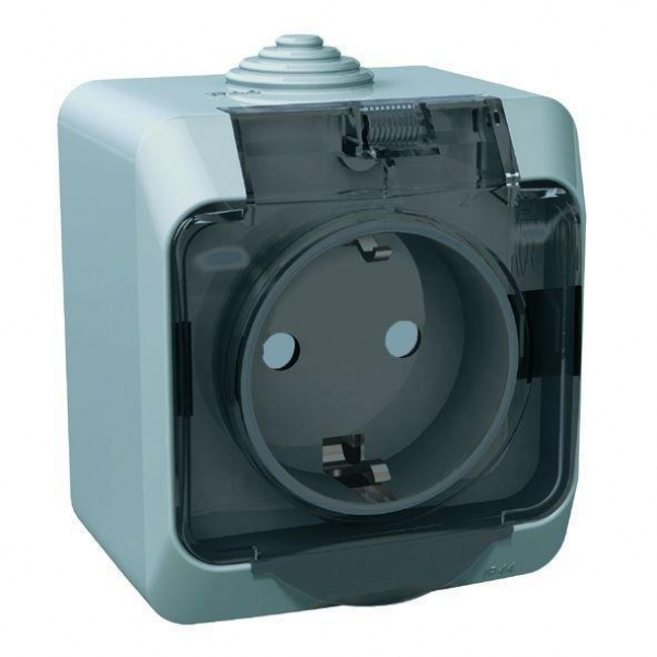 Розетка 2К+З Systeme Electric Этюд 16A 250V со шторками и крышкой серая PA16-044C