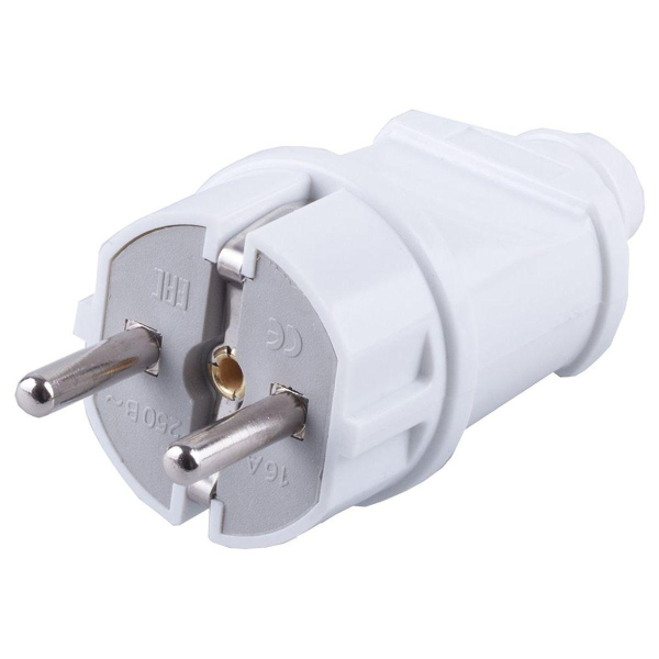 Вилка STEKKER PPG16-42-201 прямая с заземляющим контактом, ABS пластик 250В, 16A, IP20, белая