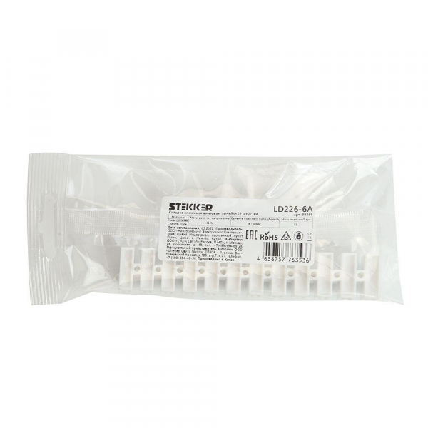Колодка клеммная винтовая STEKKER, линейка 12 штук, полипропилен, LD226-6A DIY Колодка клеммная винтовая STEKKER, линейка 12 штук, полипропилен, LD226-6A DIY