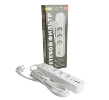 Сетевой фильтр 3-местный с/з STEKKER 3x1мм2, 5 м, 250В, 16А, 2 USB-A+2 Type-C 3, серия Nova, белый