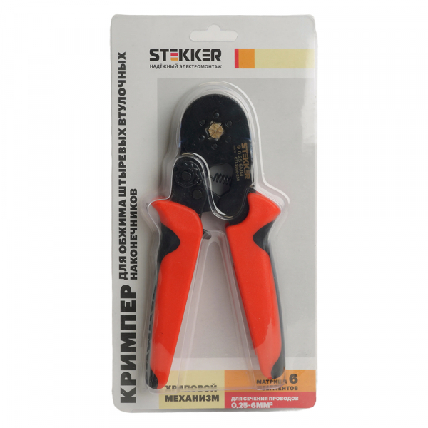Кримпер STEKKER CTLS006-250 для обжима штыревых втулочных наконечников 0,25-6мм2, 6 сегментов,красный, черный Кримпер STEKKER CTLS006-250 для обжима штыревых втулочных наконечников 0,25-6мм2, 6 сегментов,красный, черный