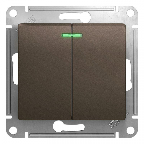 Выключатель двухклавишный Systeme Electric Glossa 10A 250V с подсветкой шоколад GSL000853