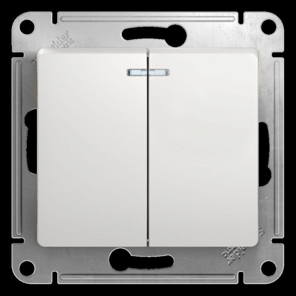Выключатель двухклавишный Systeme Electric Glossa 10A 250V с подсветкой белый GSL000153 Выключатель двухклавишный Systeme Electric Glossa 10A 250V с подсветкой белый GSL000153