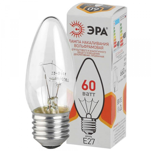 Лампа накаливания ЭРА E27 60W 2700K прозрачная ДС 60-230-E27-CL Б0039130 Лампа накаливания ЭРА E27 60W 2700K прозрачная ДС 60-230-E27-CL Б0039130