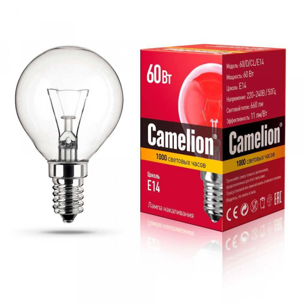 Лампа накаливания Camelion E14 60W 60/D/CL/E14 8972 Лампа накаливания Camelion E14 60W 60/D/CL/E14 8972