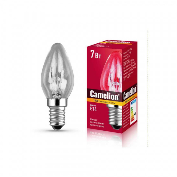 Лампа накаливания Camelion E14 7W 7/P/CL/E14 13912 Лампа накаливания Camelion E14 7W 7/P/CL/E14 13912