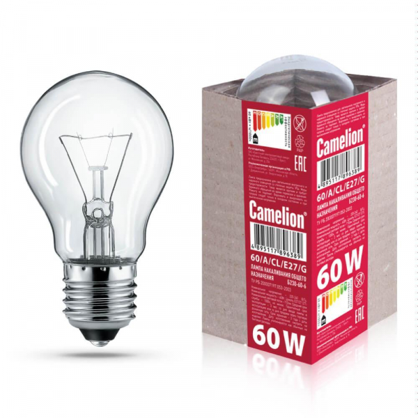 Лампа накаливания Camelion E27 60W 60/A/CL/E27/G гофра 15042 Лампа накаливания Camelion E27 60W 60/A/CL/E27/G гофра 15042