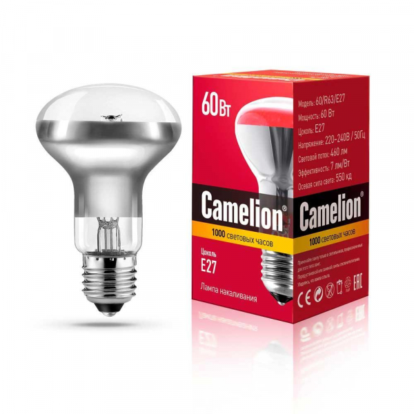 Лампа накаливания Camelion E27 60W 60/R63/E27 8980 Лампа накаливания Camelion E27 60W 60/R63/E27 8980